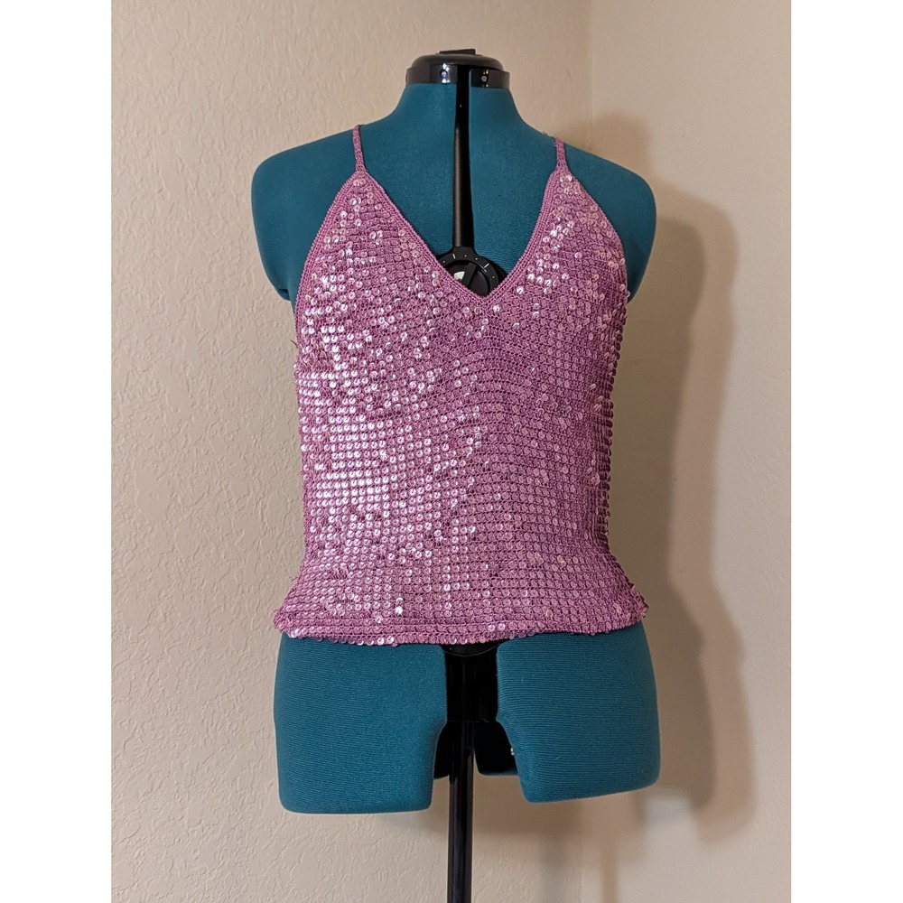 VTG Forever Twenty One Pink Sequin Crochet Back Camisole V-Neck Party Top Size M